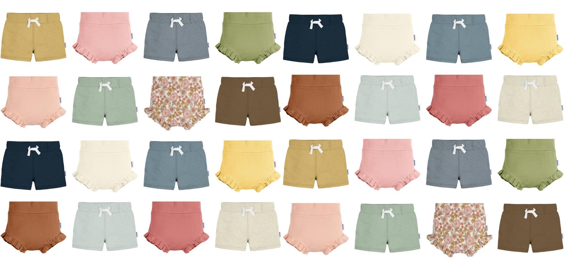 Assortment of colorful shorts on a white background.