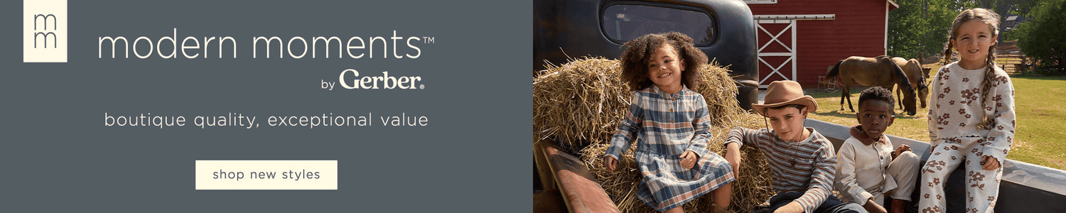 Banner for 'modern moments' by Gerber with children in front of a red barn.