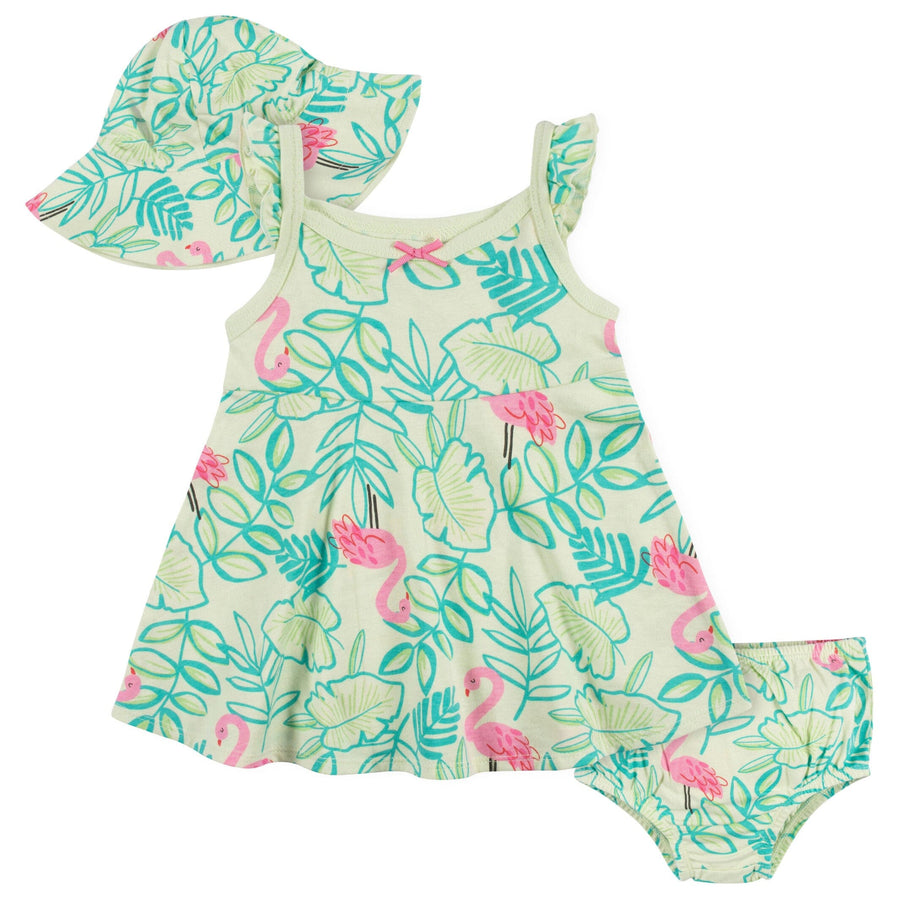 3-Piece Baby & Toddler Girls Flamingo Fun Dress, Diaper Cover & Reversible Sun Hat Set