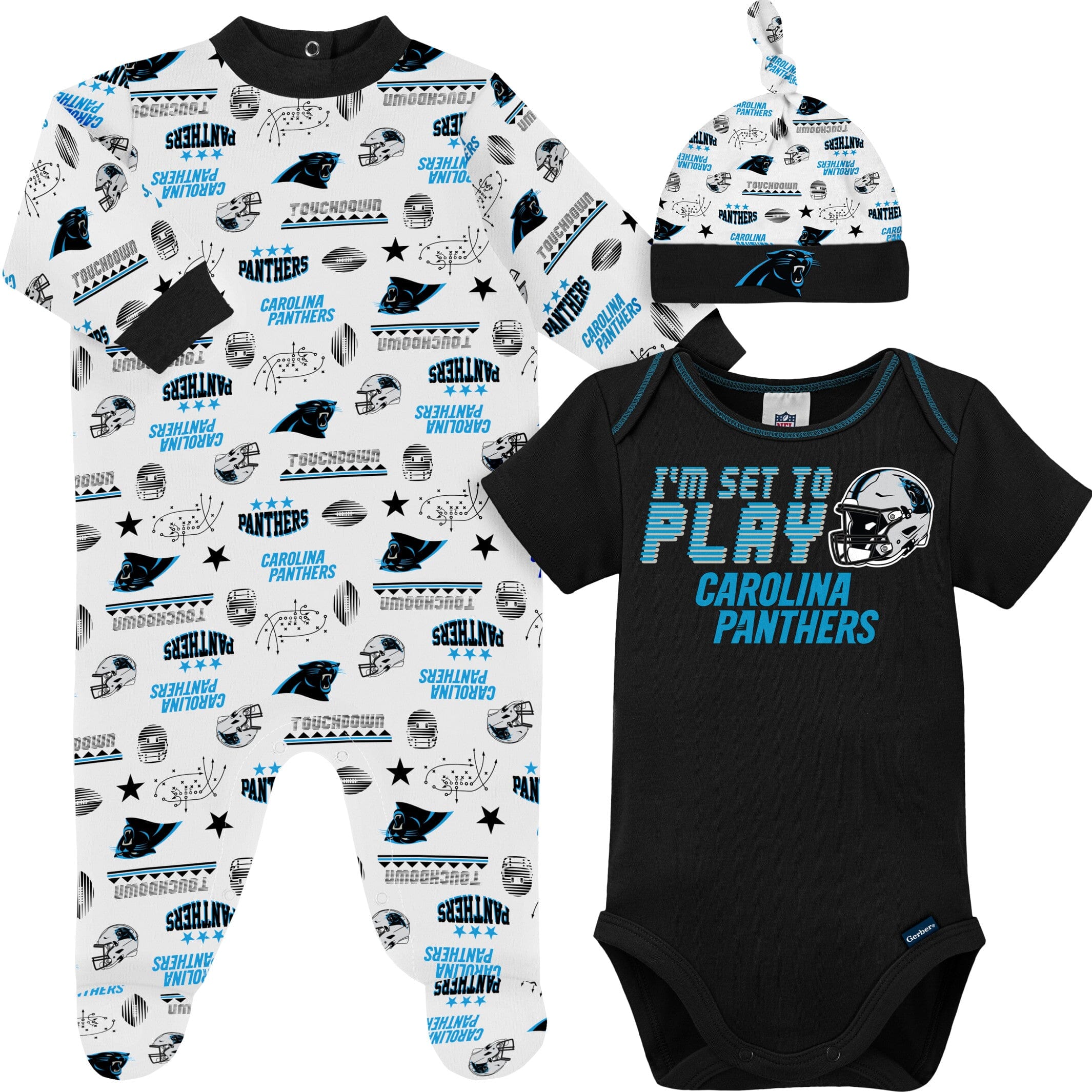 NFL 3-Piece Baby Boys Panthers Bodysuit, Sleep 'n Play & Cap Set - 0-3Mo