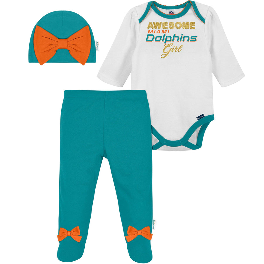 3-Piece Baby Girls Dolphins Bodysuit, Footed Pant, & Cap Set