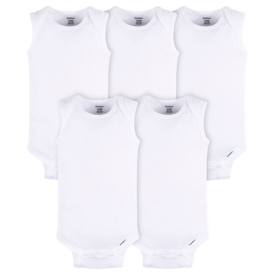 5- Baby Neutral White Sleeveless Onesies® Bodysuits