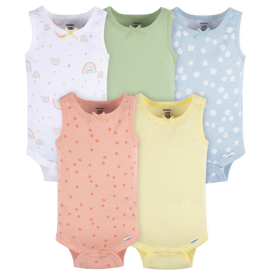 5-Pack Baby Girls Orange Flowers Sleeveless Onesies® Bodysuits