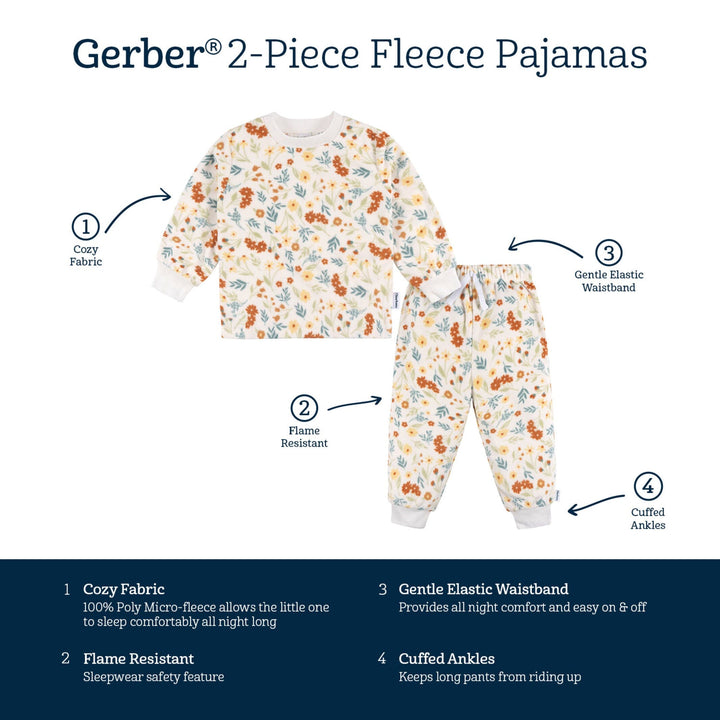 2-Piece Infant & Toddler Girls Ivory Floral Fleece Pajamas