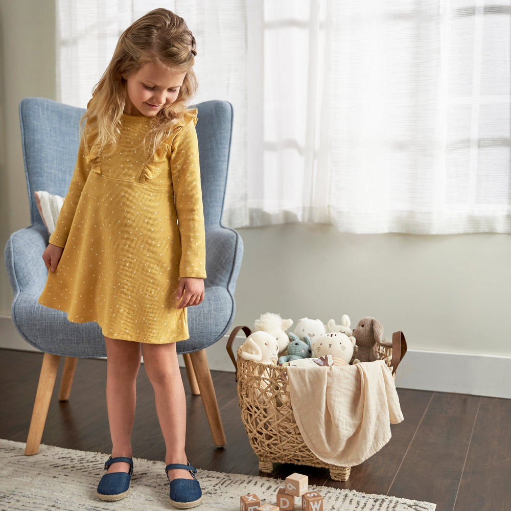 Infant and Toddler Girls Yellow Dots Dress with Ruffle
