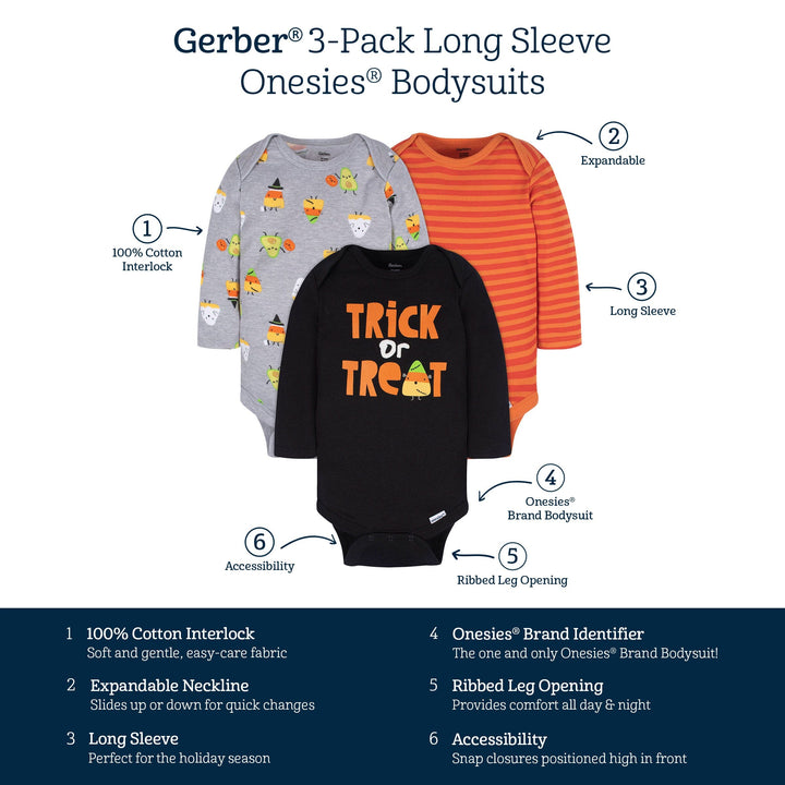 3-Pack Baby Neutral Trick Or Treat Long Sleeve Onesies® Bodysuits