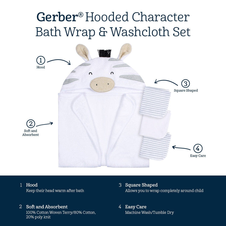 4-Piece Baby Neutral Grey Zebra Towel & Washcloths