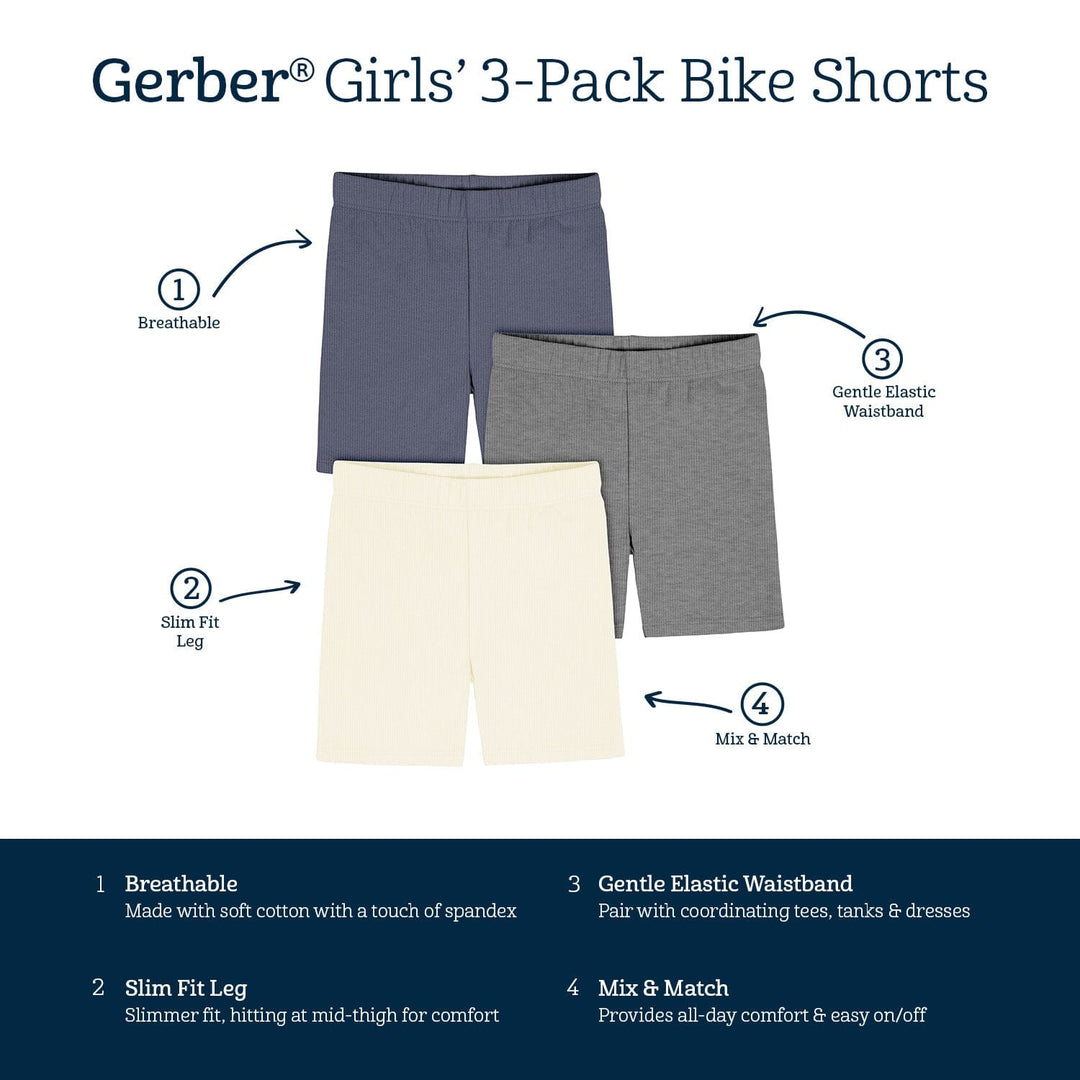 3-Pack Toddler Girls White/Dk Gry Heather/Navy Bike Short