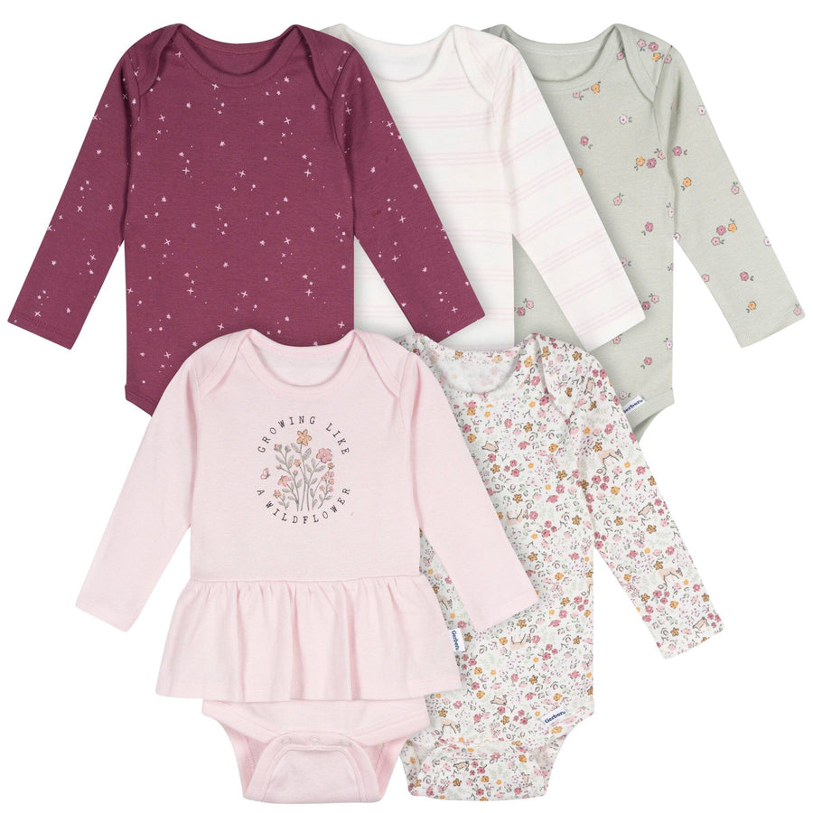 5-Pack Baby Girls Flowers Long Sleeve Bodysuits Onesies Bodysuits Gerber®