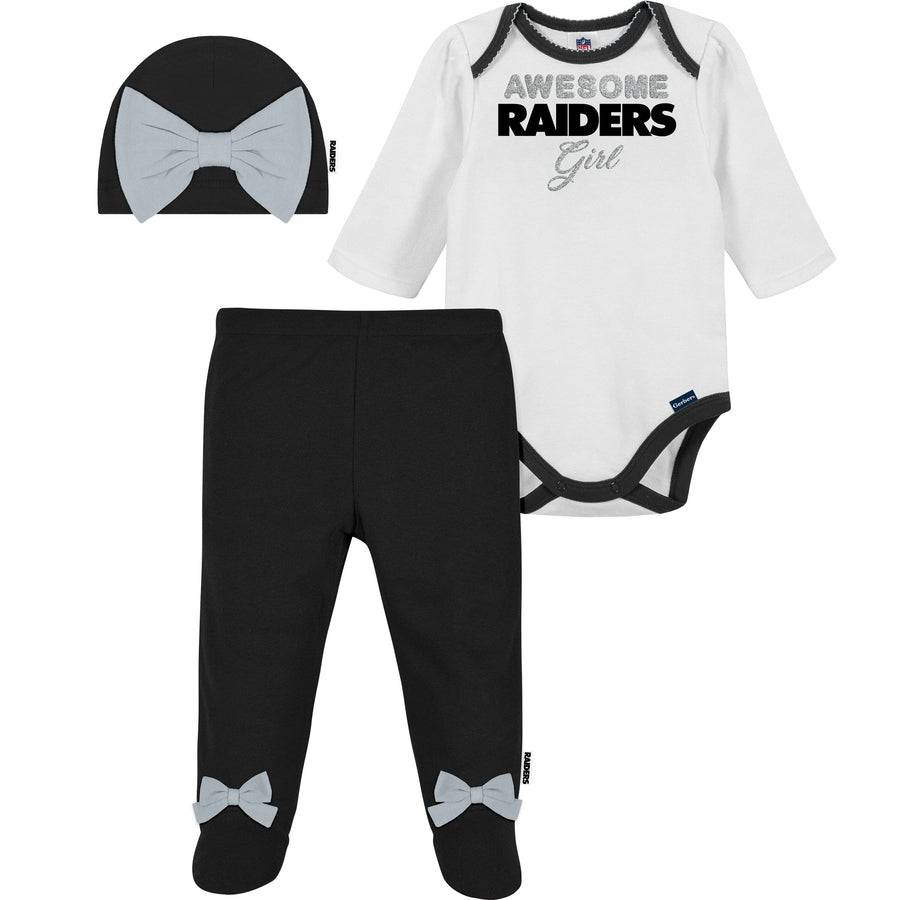 3-Piece Baby Girls Las Vegas Raiders Bodysuit, Pant, and Cap Set