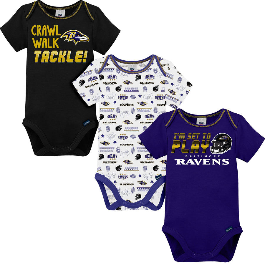 3-Pack Baby Boys Ravens Short Sleeve Bodysuits