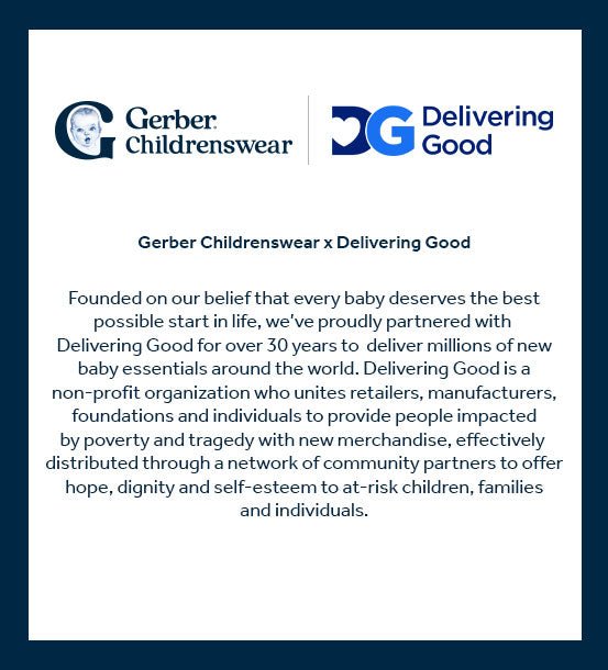 Image with Gerber Childrenswear and Delivering Good logo with text.