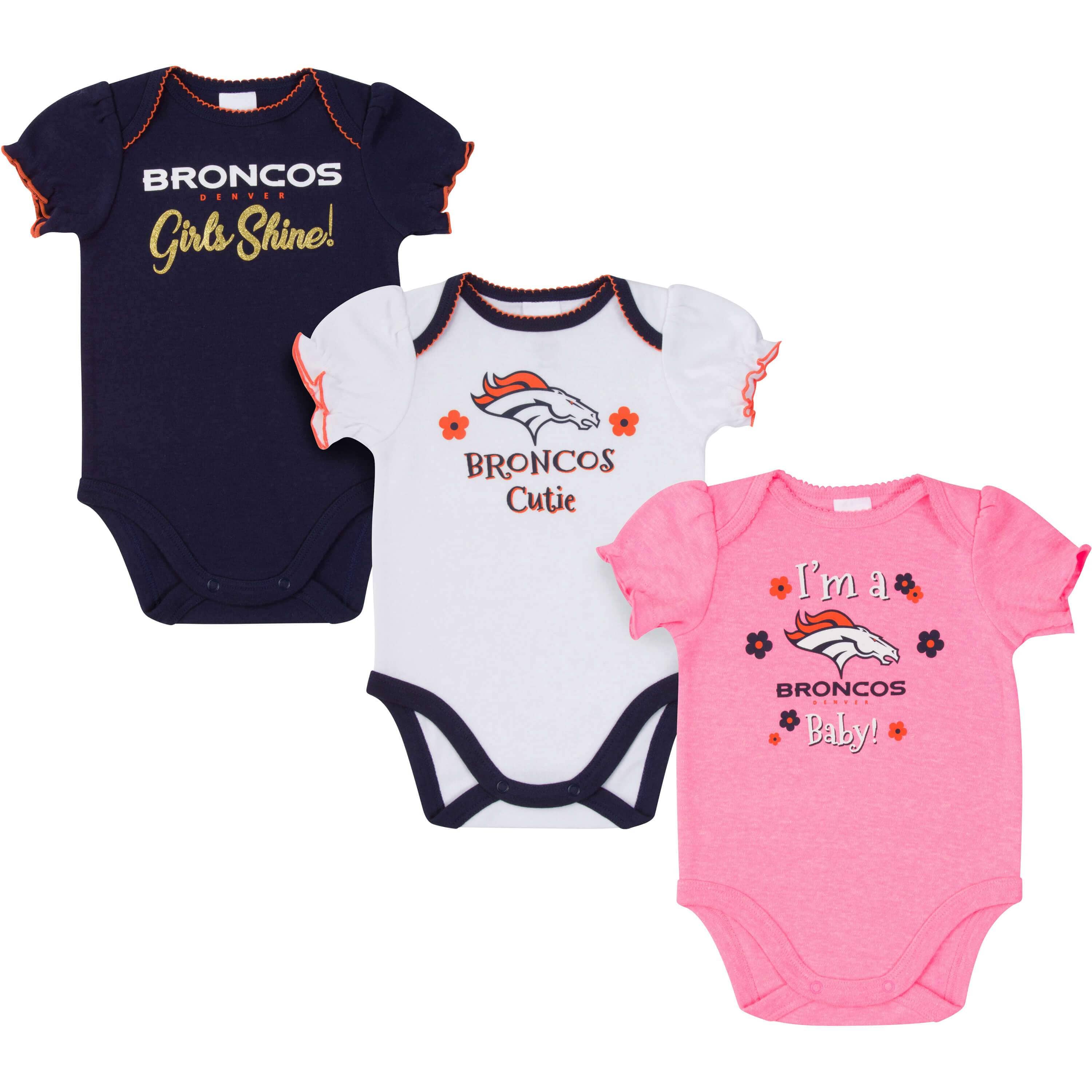 NFL 3-Pack Baby Girls Denver Broncos Short Sleeve Bodysuits - 0-3mo