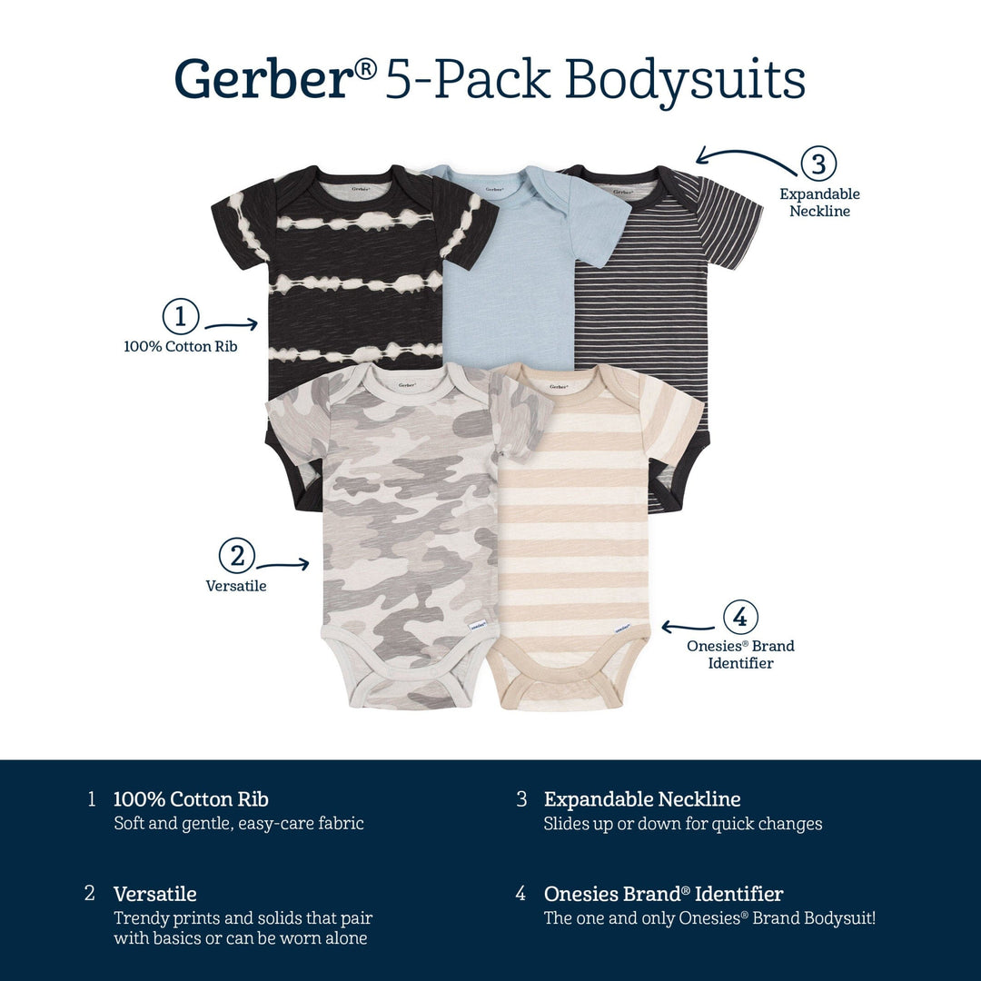 5-Pack Baby Boys Stripes & Camo Short Sleeve Onesies® Bodysuits