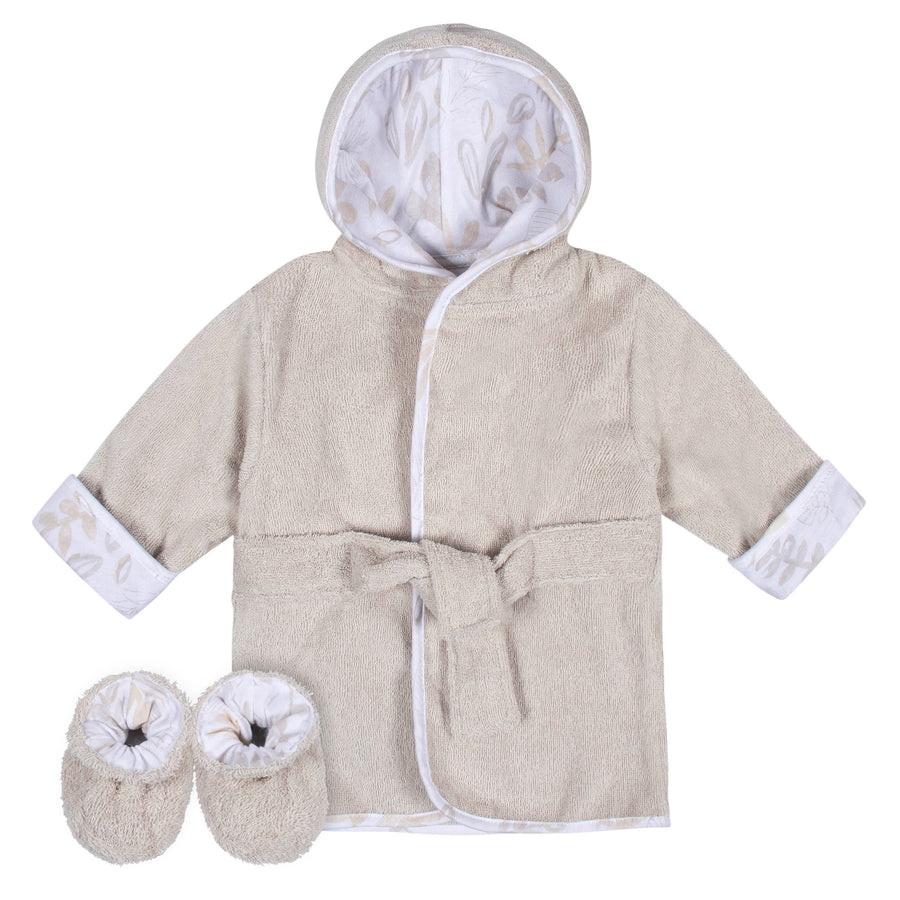 2-Piece Baby Neutral Natural Leaves Bathrobe & Booties Set (0-9M)
