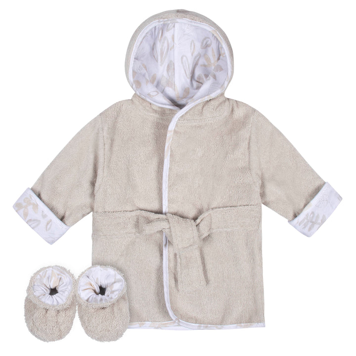 2-Piece Baby Neutral Natural Leaves Bathrobe & Booties Set (0-9M)