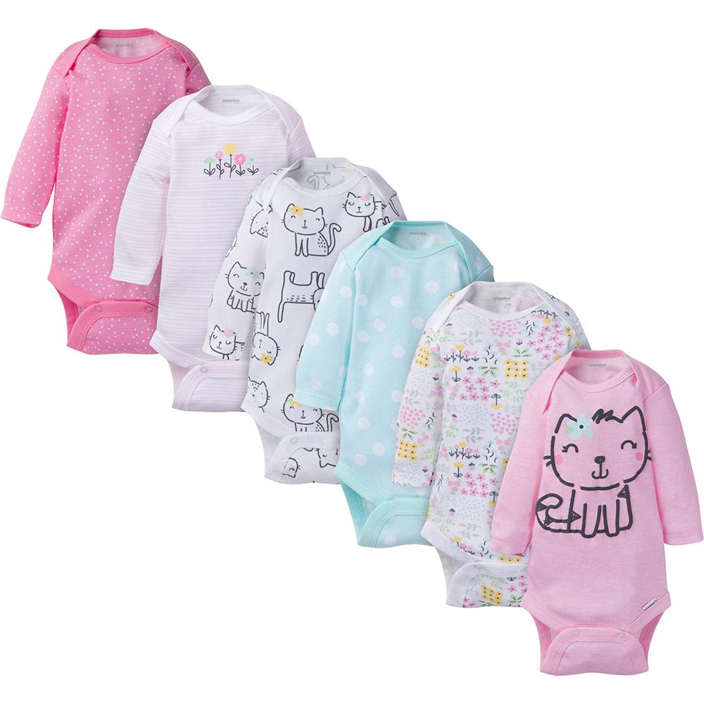 Baby Girl Onesies® Bodysuits Long Sleeve Kitty Bodysuit 6-Pack