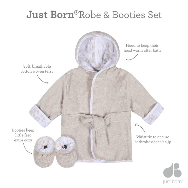 2-Piece Baby Neutral Natural Leaves Bathrobe & Booties Set