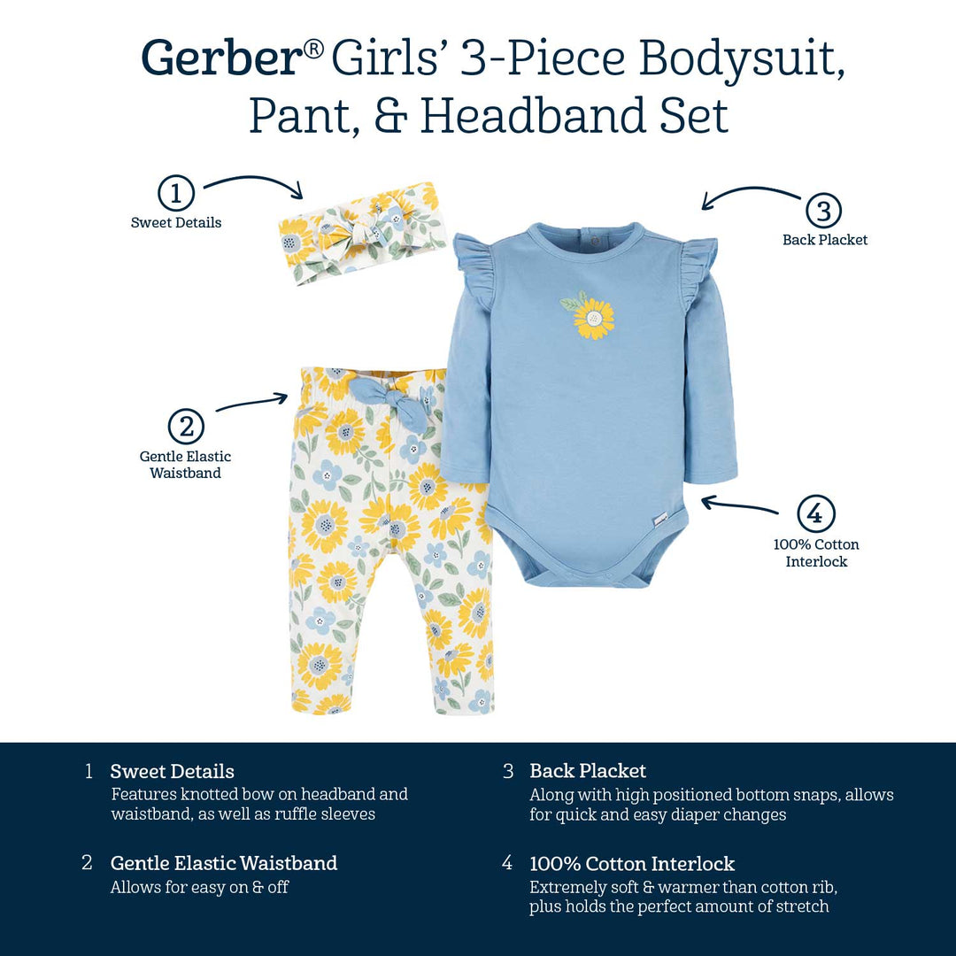 3-Piece Baby Girls Sunny Garden Onesies® Bodysuit, Pants & Headband Set