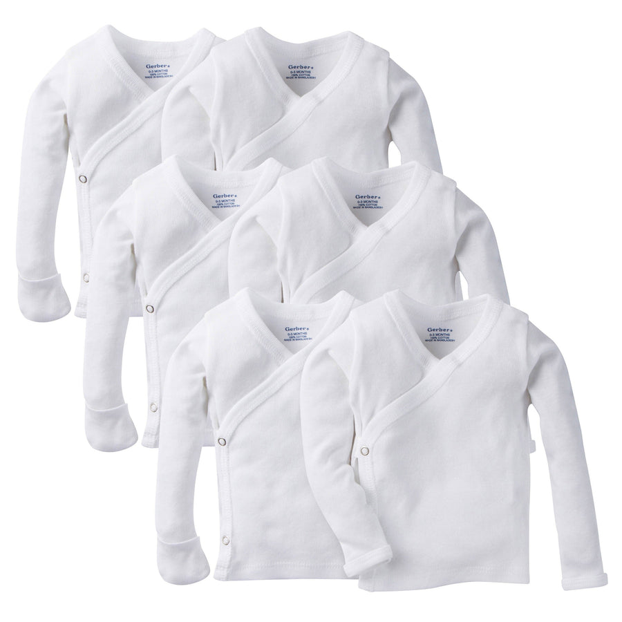 6-Pack Baby White Long-Sleeve Side-Snap Mitten-Cuff Shirts-Gerber Childrenswear