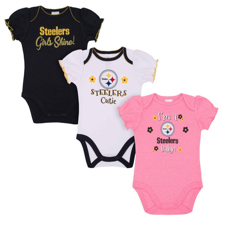 Baby Girls Pittsburgh Steelers Short Sleeve Bodysuit, 3-pack-Gerber Childrenswear