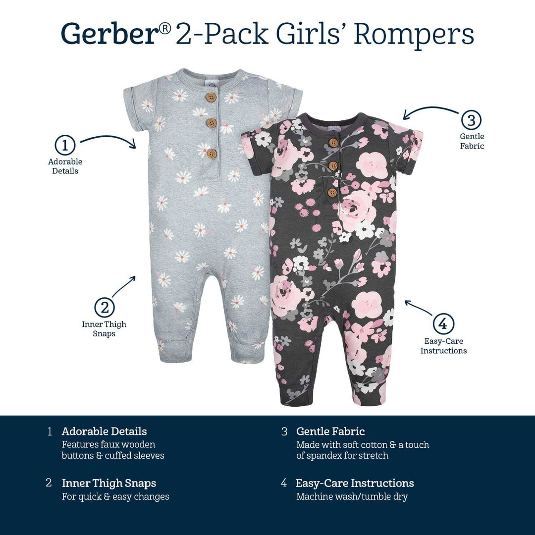 2-Pack Baby Girls Floral & Daisies Short Sleeve Rompers