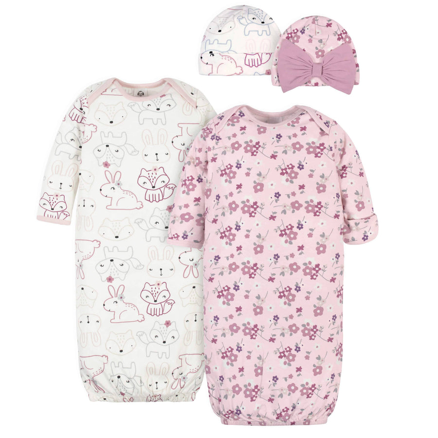 4-Piece Organic Baby Girls Fox Gowns & Caps-Gerber Childrenswear
