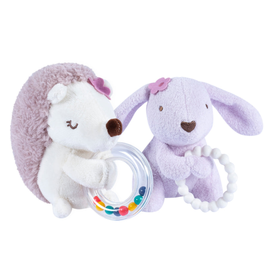 2-Piece Baby Girls Bunny & Hedgehog Rattle and Teether Set