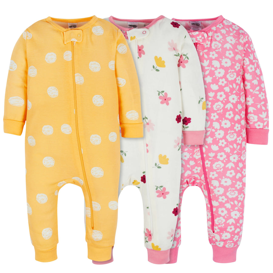 3-Pack Baby & Toddler Girls Floral Fox Snug Fit Footless Pajamas