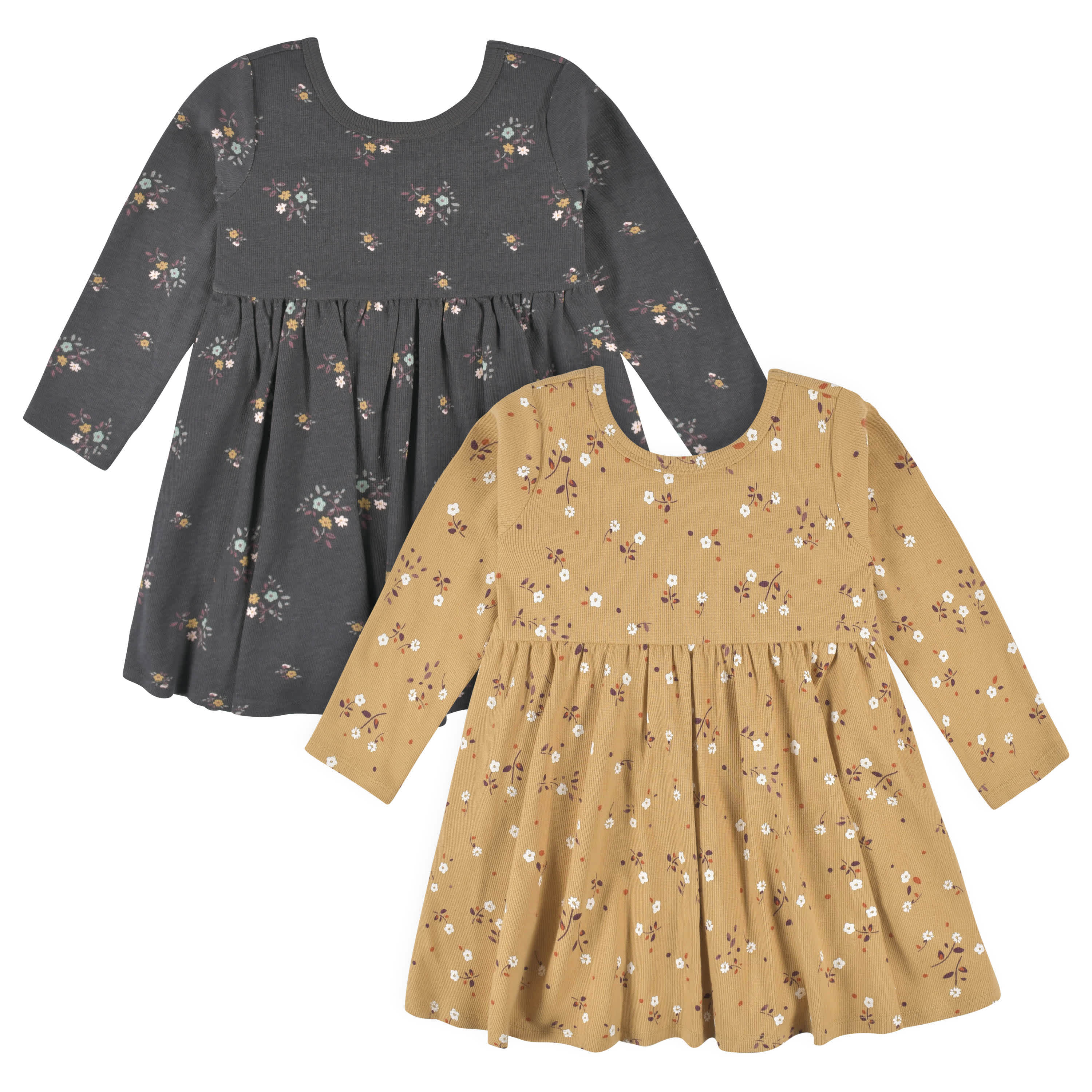 2 Pack Infant Toddler Girls Mustard Floral Long Sleeve Dresses 2-pack-infant-toddler-girls-mustard-floral-long-sleeve-dresses