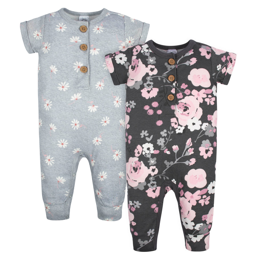 2-Pack Baby Girls Floral & Daisies Short Sleeve Rompers-Gerber Childrenswear