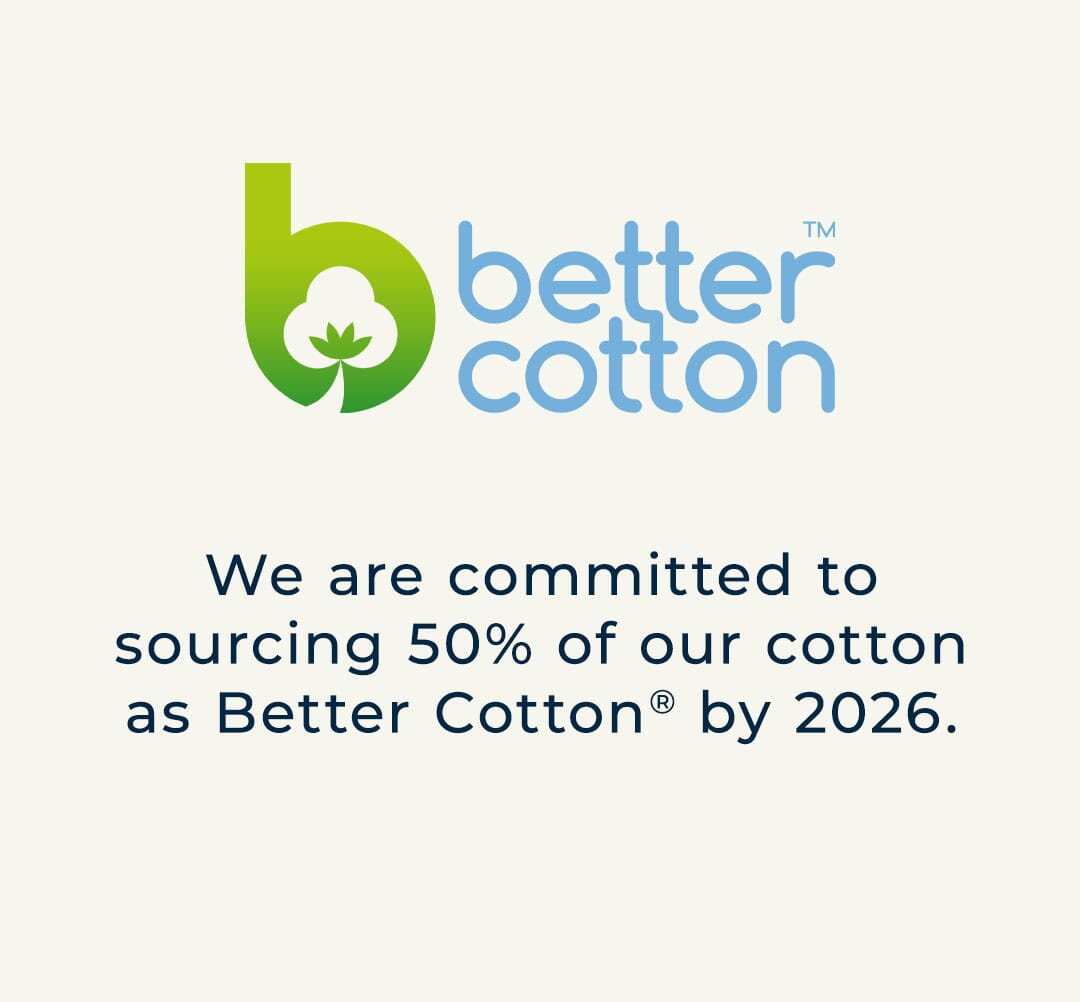Better Cotton™ logo with text reading “We are committed to sourcing 50% of our cotton as Better Cotton® by 2026.” Gerber Childrenswear supports sustainable baby clothing and environmentally responsible cotton sourcing for future generations. Shop eco-friendly baby and toddler clothes made with Better Cotton at Gerber Childrenswear.