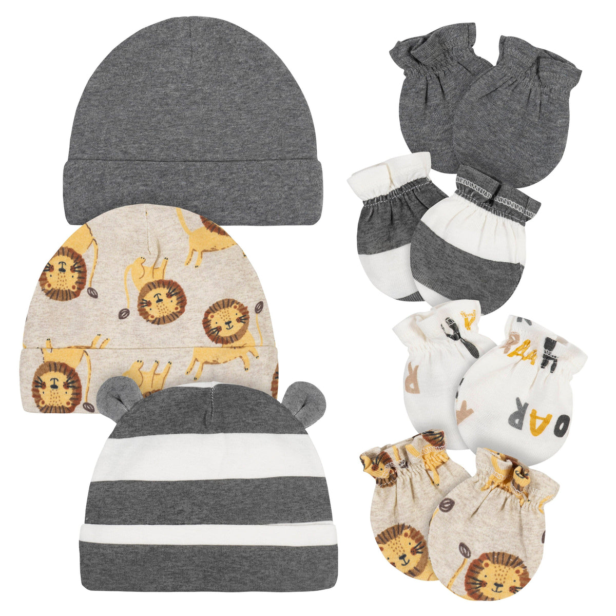 7-Piece Baby Neutral Grey Caps & No Scratch Mittens Bundle
