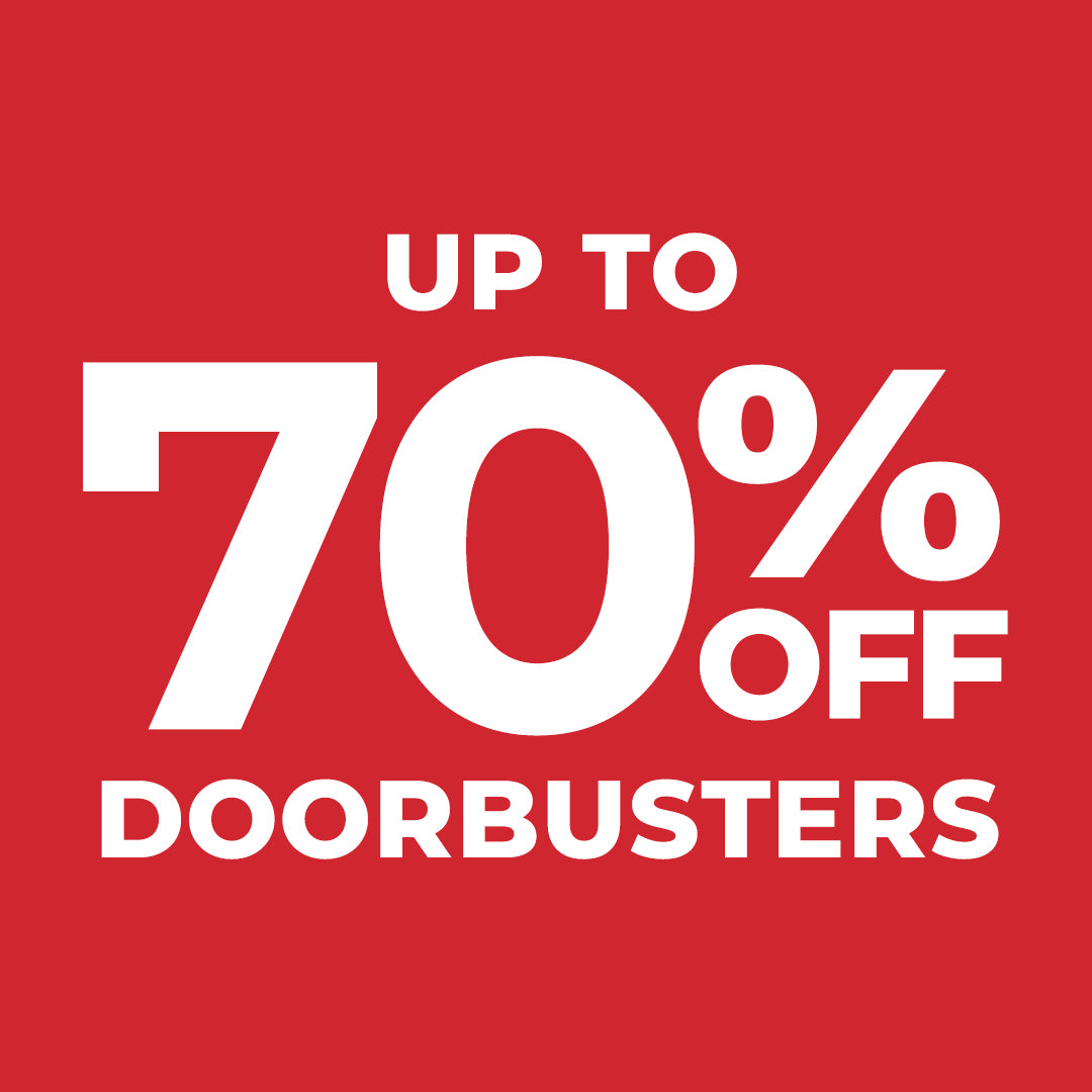 Red background with white text announcing "up to 70% off doorbusters."