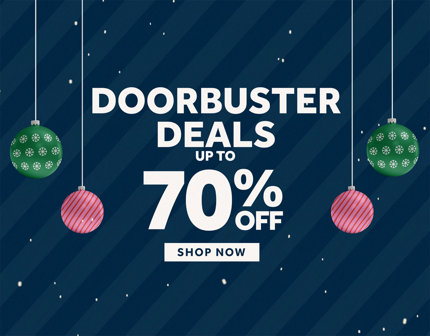 Doorbuster deals advertisement with Christmas ornaments on a blue striped background