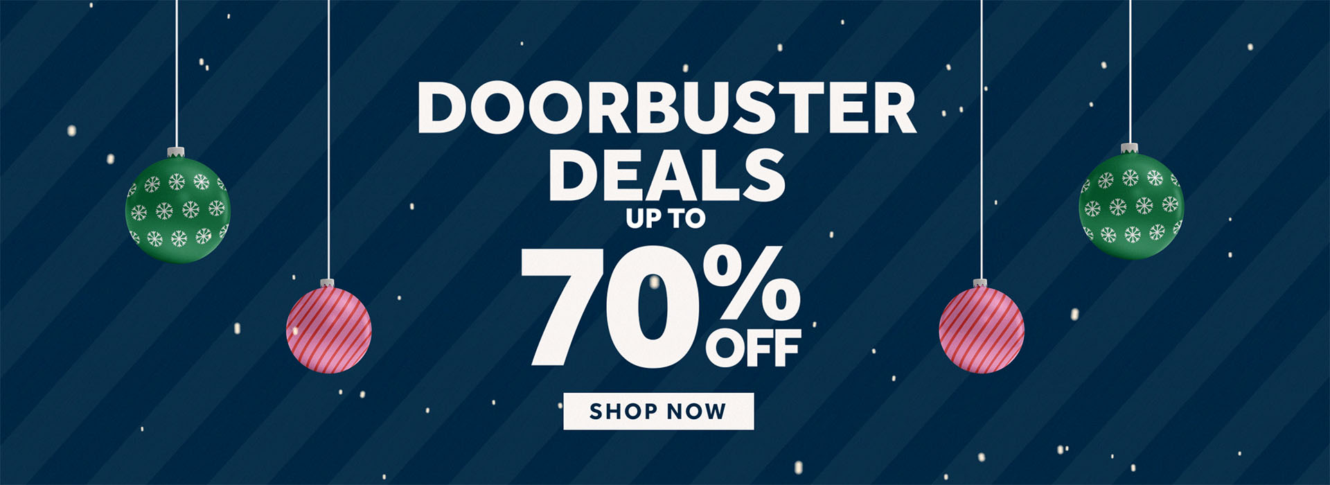 Promotional banner with 'Doorbuster Deals' and '70% Off' text on a blue background with Christmas ornaments.