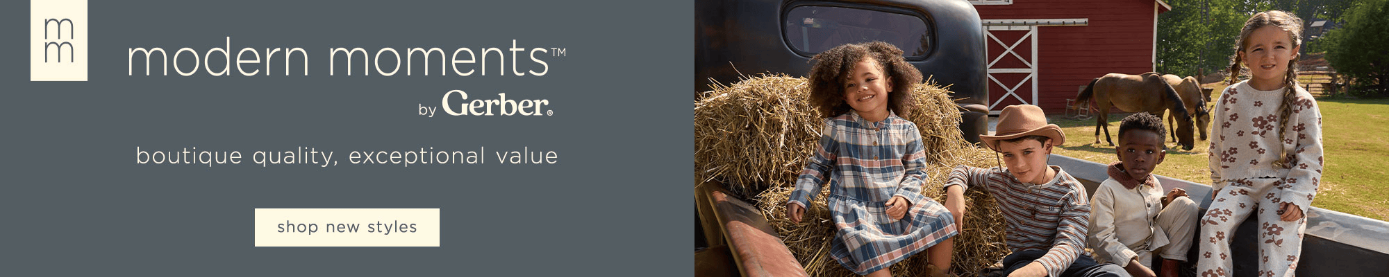 Banner for 'modern moments' by Gerber with children in front of a red barn.
