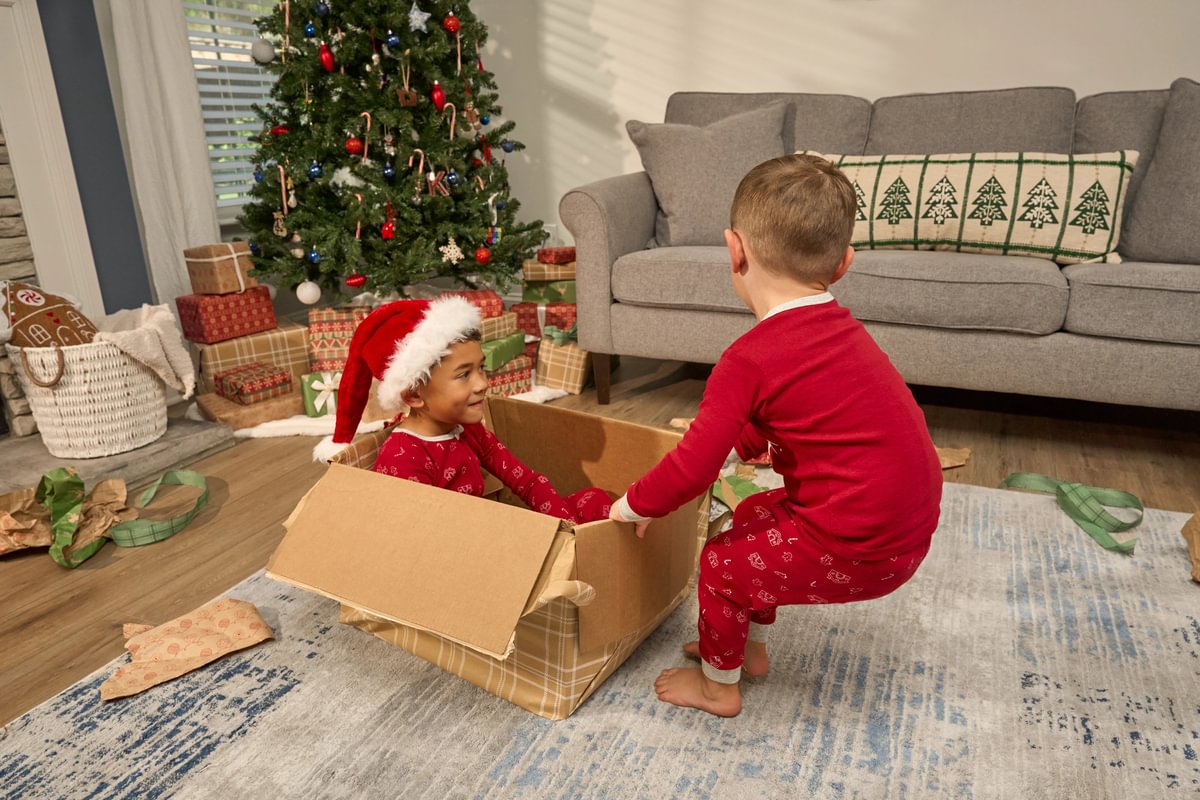 Two children playing with a cardboard box in a living room decorated for Christmas.