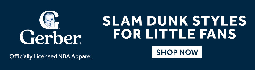 Gerber logo with text 'Slam Dunk Styles for Little Fans' and 'Shop Now' on a blue background