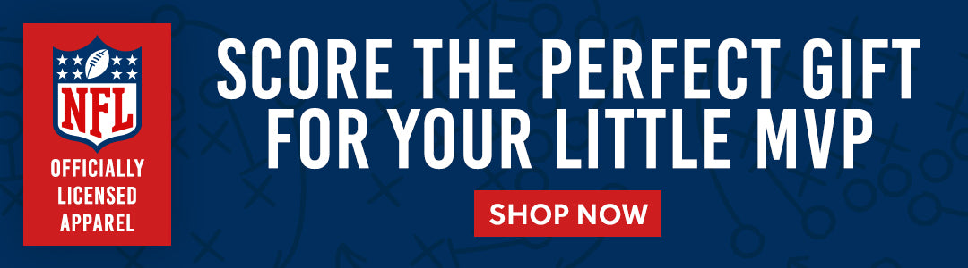 Promotional banner for NFL officially licensed apparel with text 'Score the perfect gift for your little MVP' and a 'Shop Now' button.