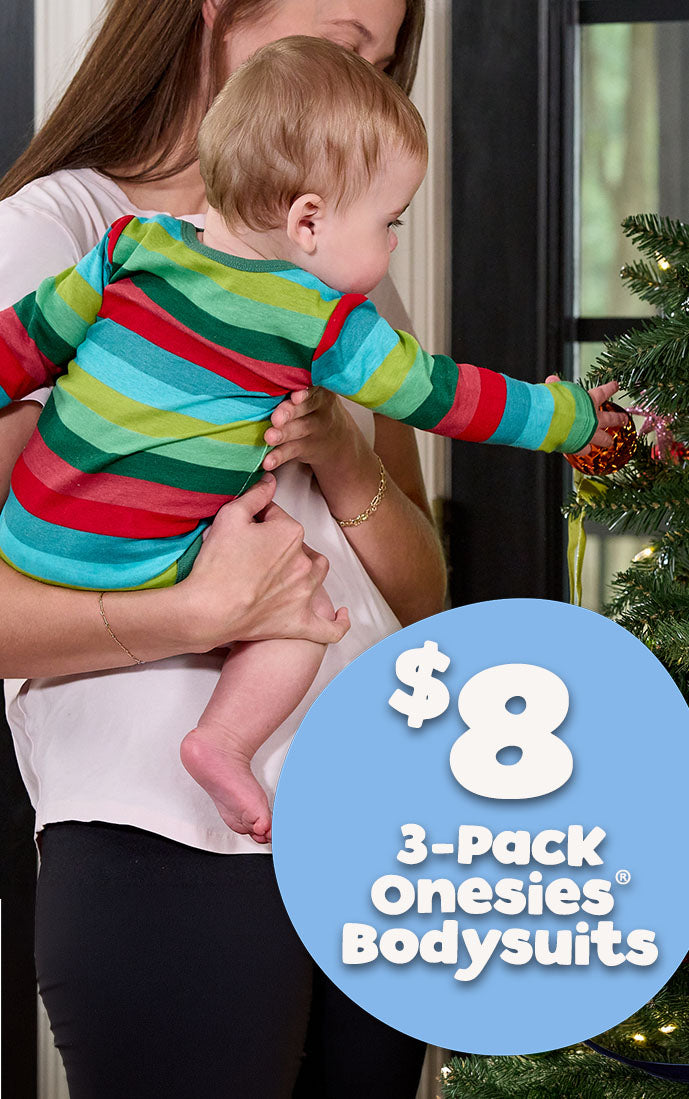 A baby and mother wearing a matching three-pack of striped onesies and bodysuits, with a large blue promotional circle overlay reading '$8 3-Pack Onesies Bodysuits'.