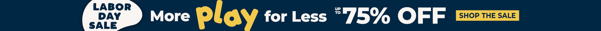 A promotional banner with a white circle containing 'LABOR DAY SALE' and a large white 'O' in the center, alongside the text 'More Play for Less $75% OFF' and a 'SHOP THE SALE' link on a dark blue background.