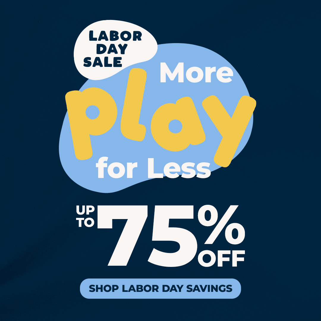 A promotional banner with a white circular 'Labor Day Sale' logo and the text 'More play for Less 75% OFF' on a dark blue background.