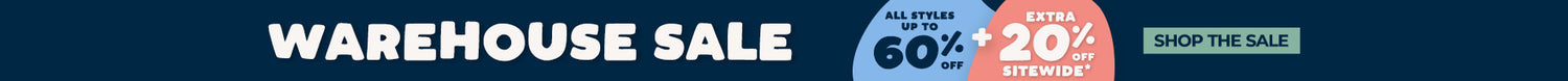 A promotional sale banner with the text 'WAREHOUSE SALE' in large white letters on a dark navy background, plus two circular callouts reading '60% OFF' and 'UP TO 20% OFF' with a small 'SHOP THE SALE' button on the right.