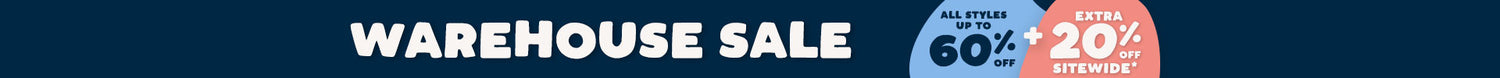 A promotional sale banner with the text 'WAREHOUSE SALE' in large white letters on a dark blue background, with two circular callouts reading 'ALL ITEMS 60% OFF' and 'EXCESS ITEMS 20% OFF'.
