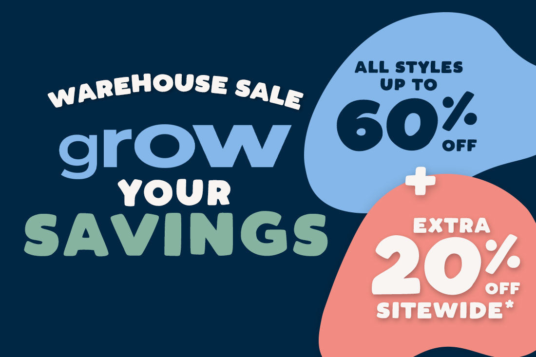 Promotional sale graphic with the text 'WAREHOUSE SALE grow YOUR SAVINGS' on a dark navy background, with a light blue shape reading 'ALL STYLES UP TO 60% OFF' and a coral shape reading 'EXTRA 20% OFF SITEWIDE'.