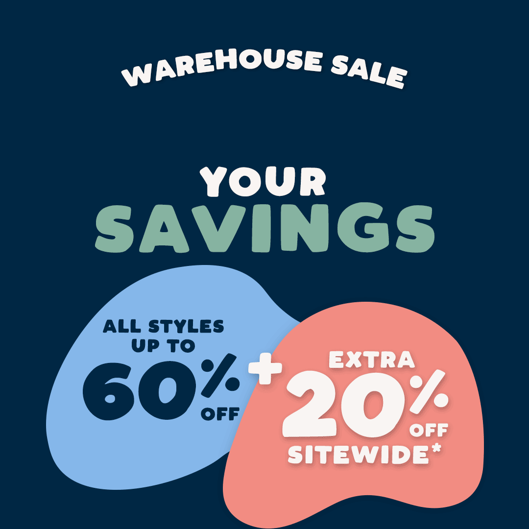 Promotional sale graphic with the text 'WAREHOUSE SALE grow YOUR SAVINGS' on a dark navy background, plus two abstract shape callouts in light blue and coral pink reading 'ALL STYLES UP TO 60% OFF' and 'EXTRA 20% OFF SITEWIDE *'.
