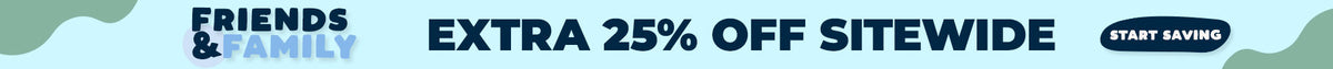 A promotional banner with a dark blue background, featuring the text 'FRIENDS & FAMILY' in a light blue rounded rectangle, 'EXTRA 25% OFF SITEWIDE' in large white letters, and a light blue 'START SAVING' button with a shopping bag icon.