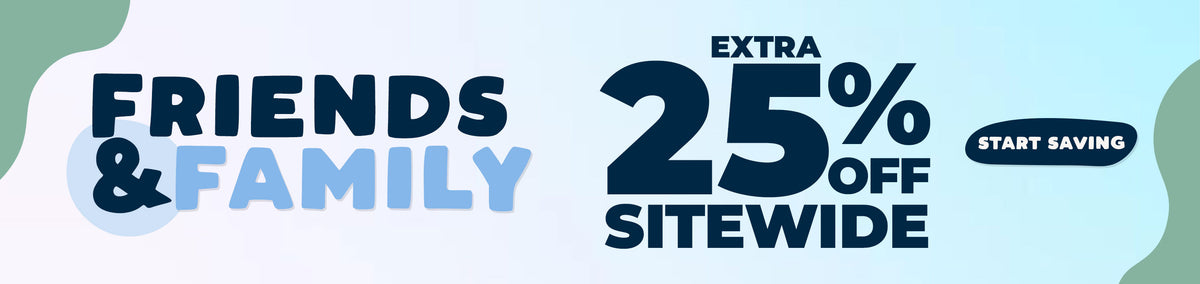 Promotional banner with the text 'FRIENDS & FAMILY' in dark blue and light blue, alongside 'EXTRA 25% OFF SITEWIDE' and a dark blue 'START SAVING' button on a pale blue background with abstract green shapes.