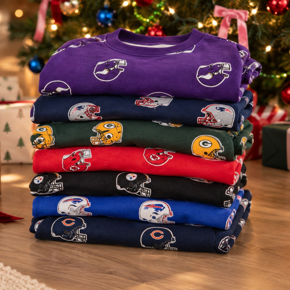 A stack of folded crewneck sweatshirts featuring different NFL team helmets, displayed on a wooden surface in front of a decorated Christmas tree.
